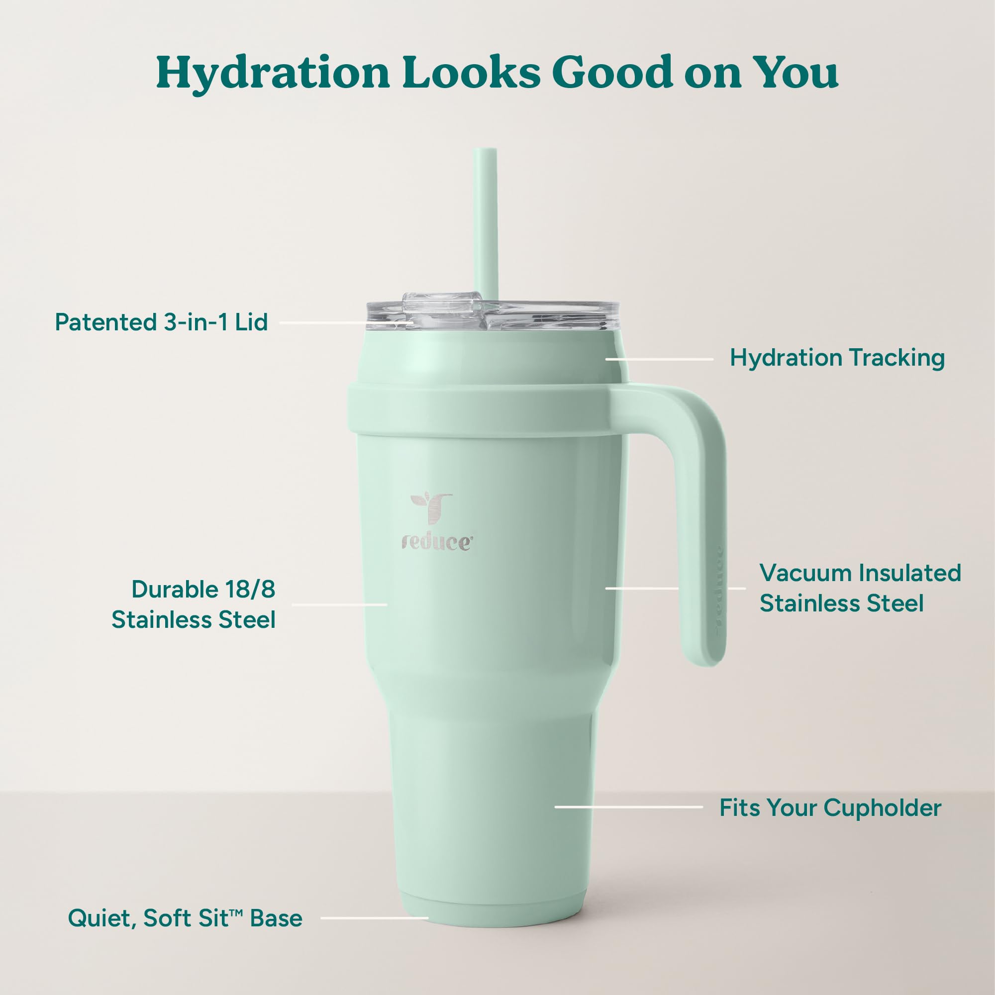 REDUCE reusable straw and flip lid displayed for convenient sipping and spill reduction