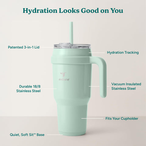 REDUCE reusable straw and flip lid displayed for convenient sipping and spill reduction