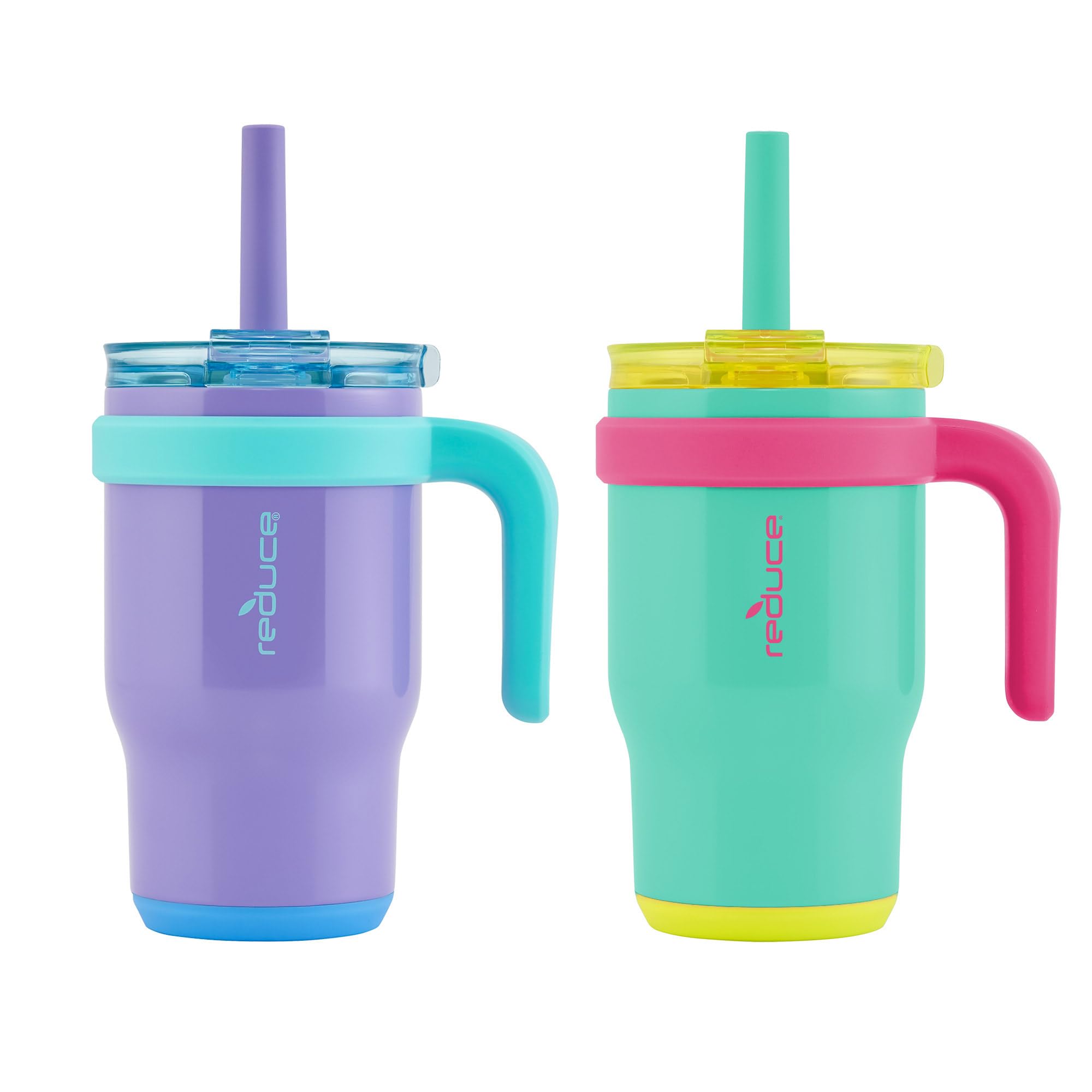 REDUCE front view of two 14 oz tumblers showing colors and label benefit