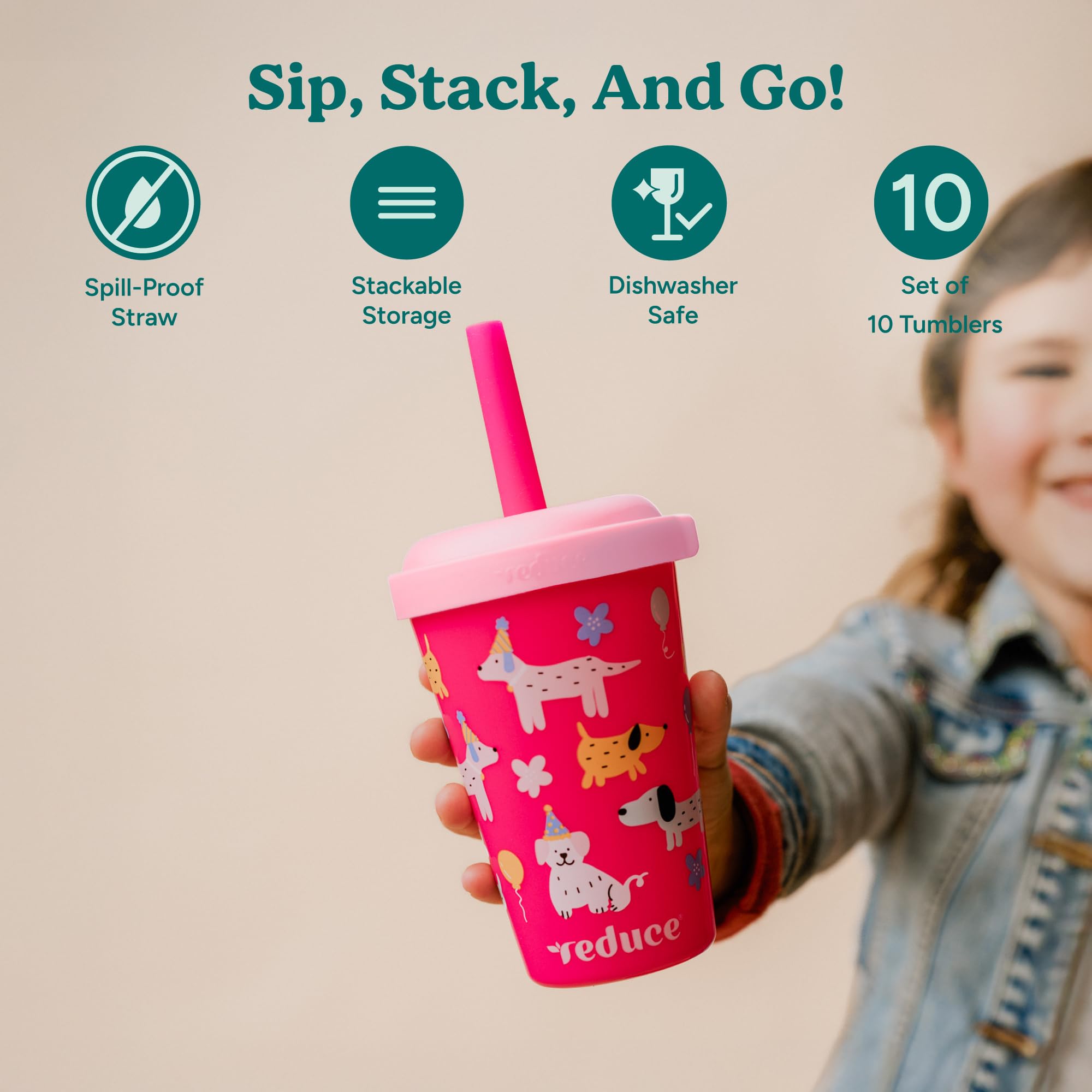 REDUCE stackable tumblers neatly nested to save cabinet space and stay organized