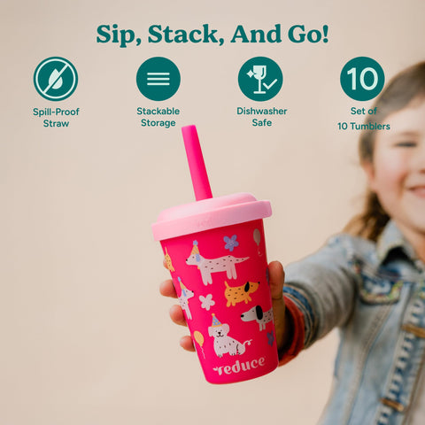 REDUCE stackable tumblers neatly nested to save cabinet space and stay organized