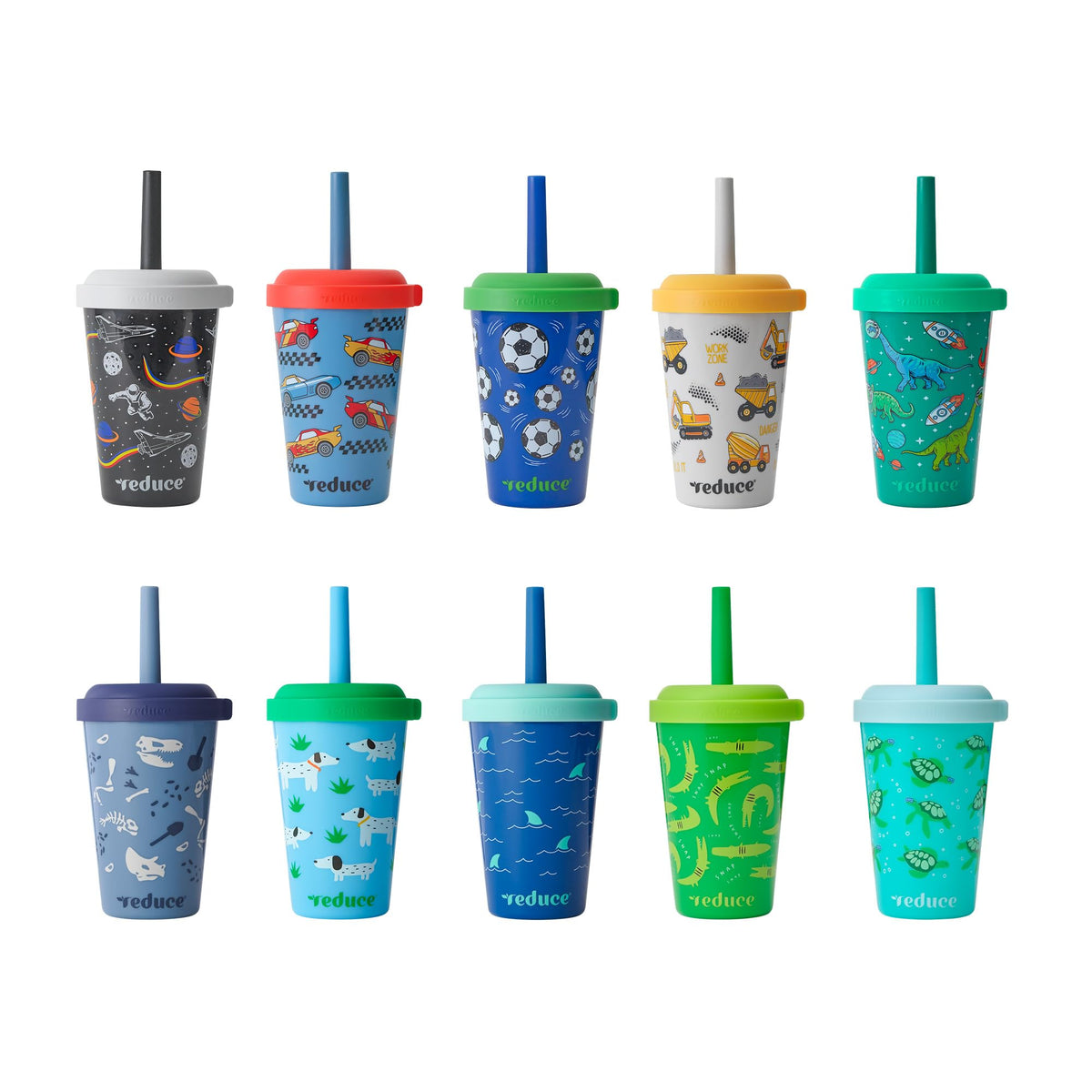 REDUCE GoGo's front packaging showing ten colorful tumblers for easy selection