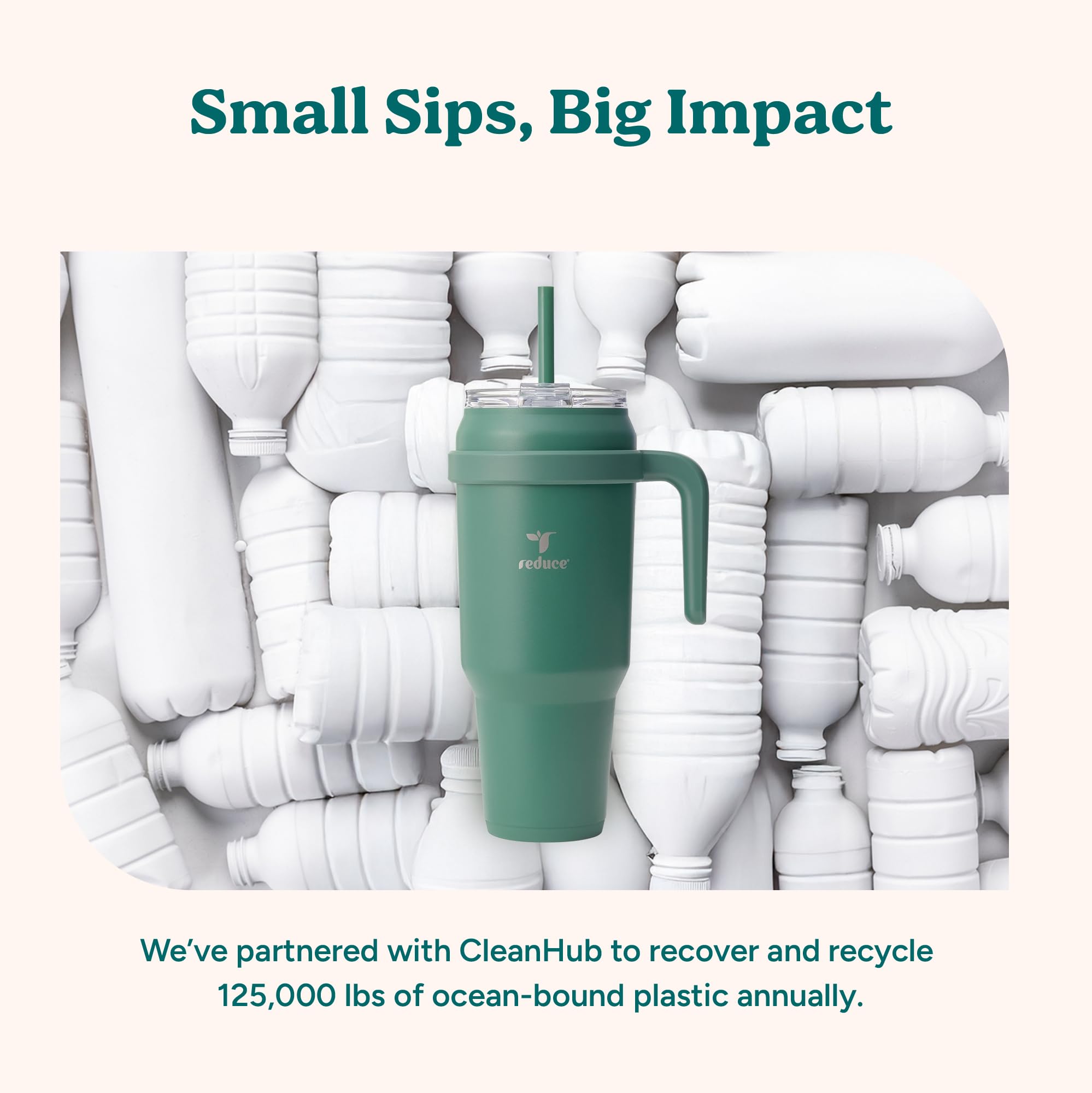REDUCE tumbler in outdoor scene promoting all-day hydration on the go