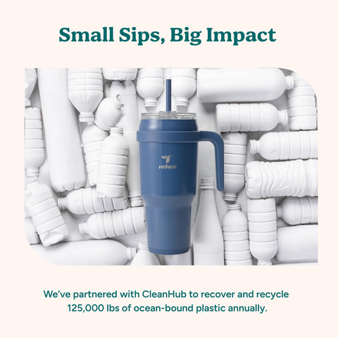 REDUCE tumbler on picnic blanket, conveys portable chilled drink benefit