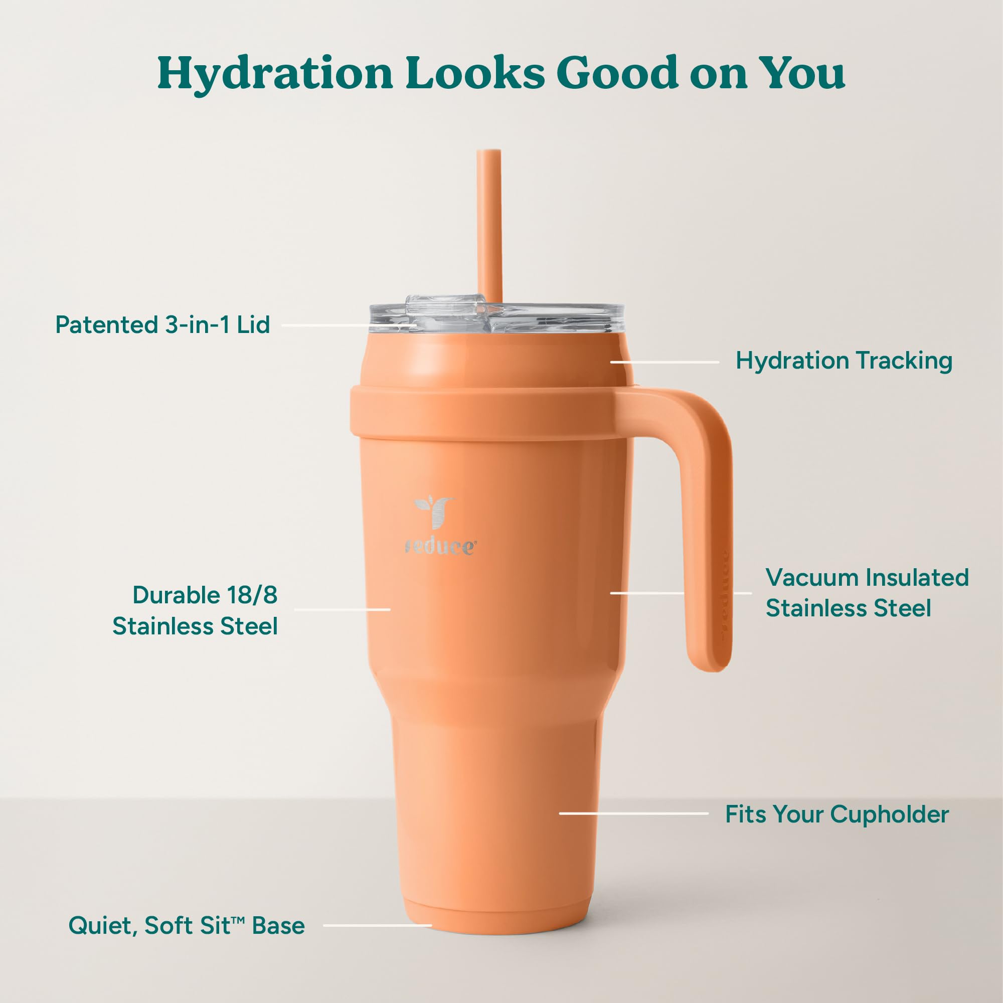 REDUCE three-way lid open with reusable straw, shows convenient sipping options