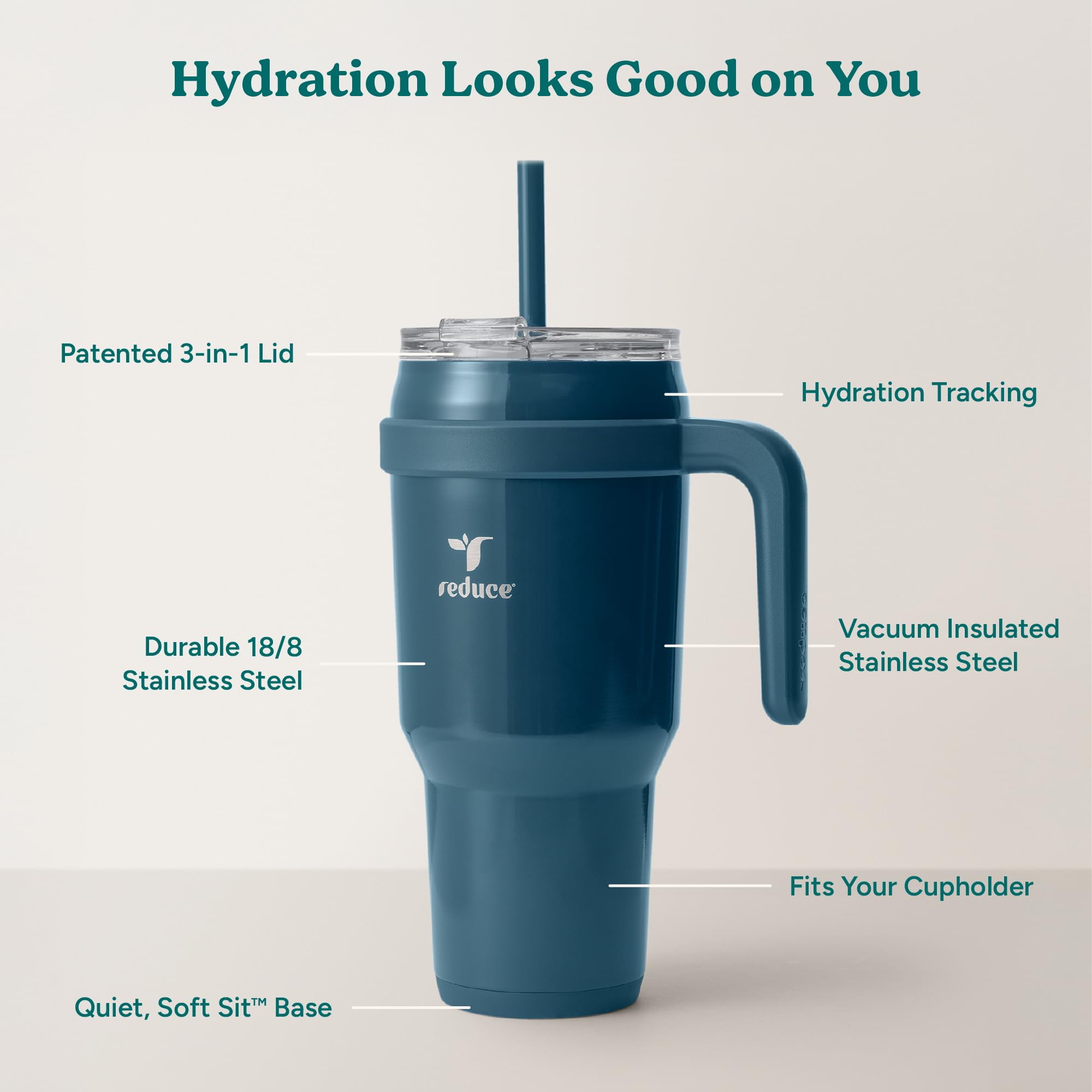 REDUCE reusable straw installed highlighting eco-friendly, spill-ready benefit