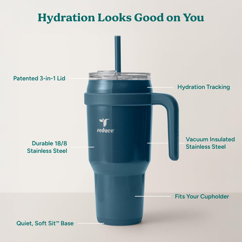 REDUCE reusable straw installed highlighting eco-friendly, spill-ready benefit