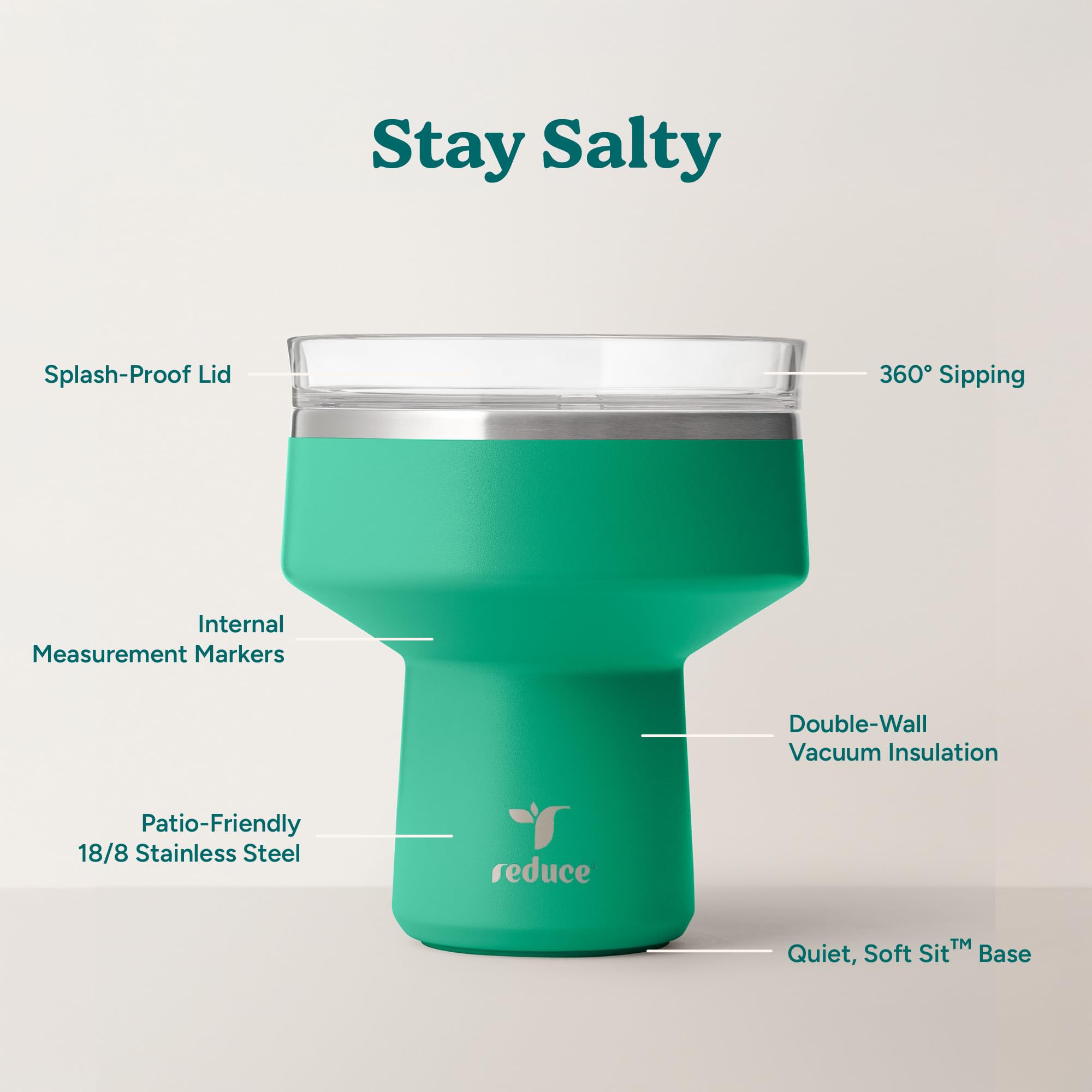 REDUCE Saltini 360-degree lid closeup showing spill-resistant sip design