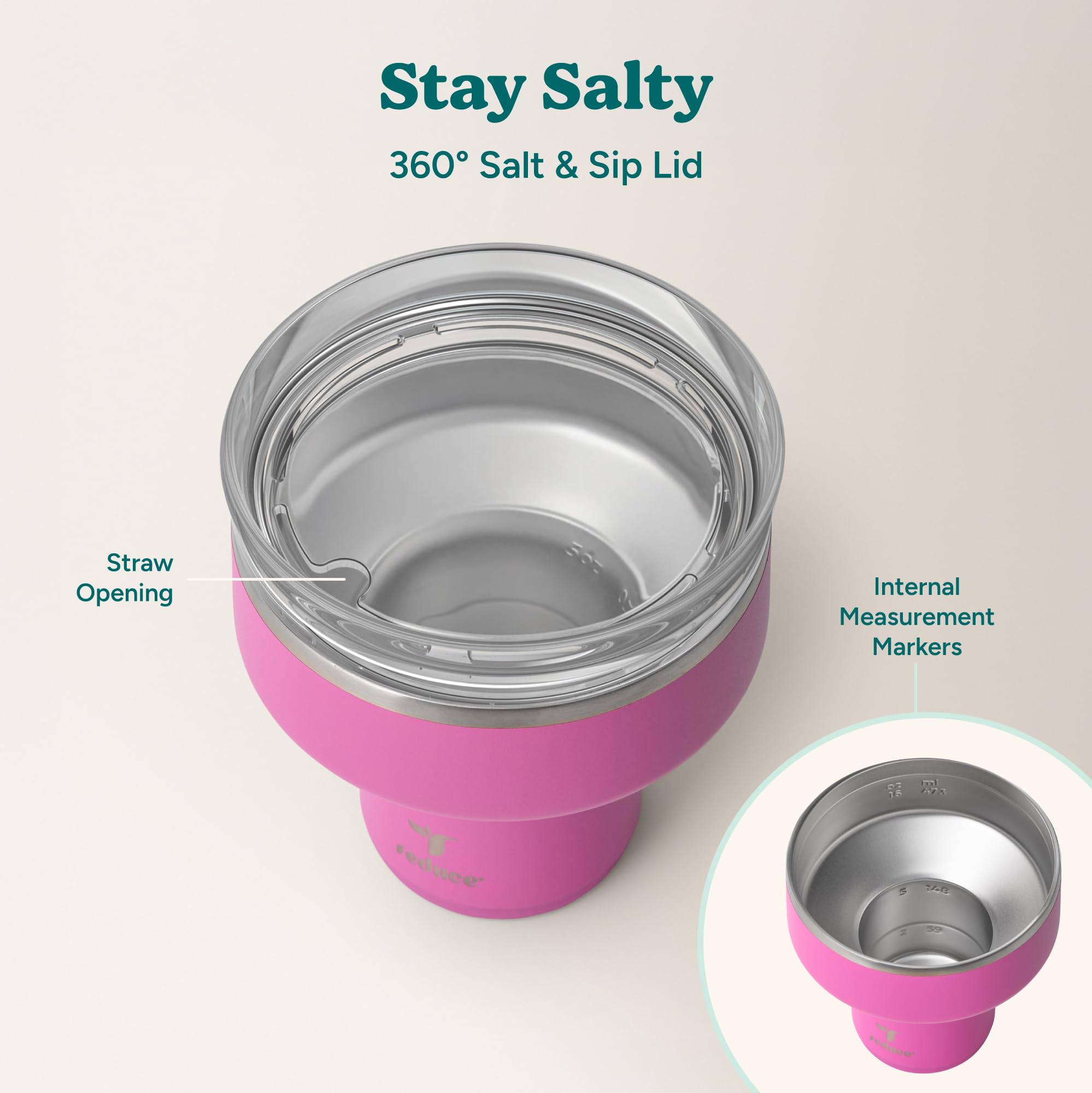 REDUCE Saltini close-up with ice demonstrating extended cold retention benefit
