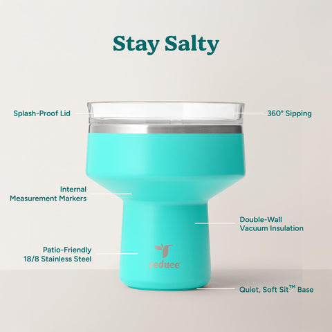 REDUCE Saltini 360-degree lid detail showing spill-reduction and sip-any-angle convenience