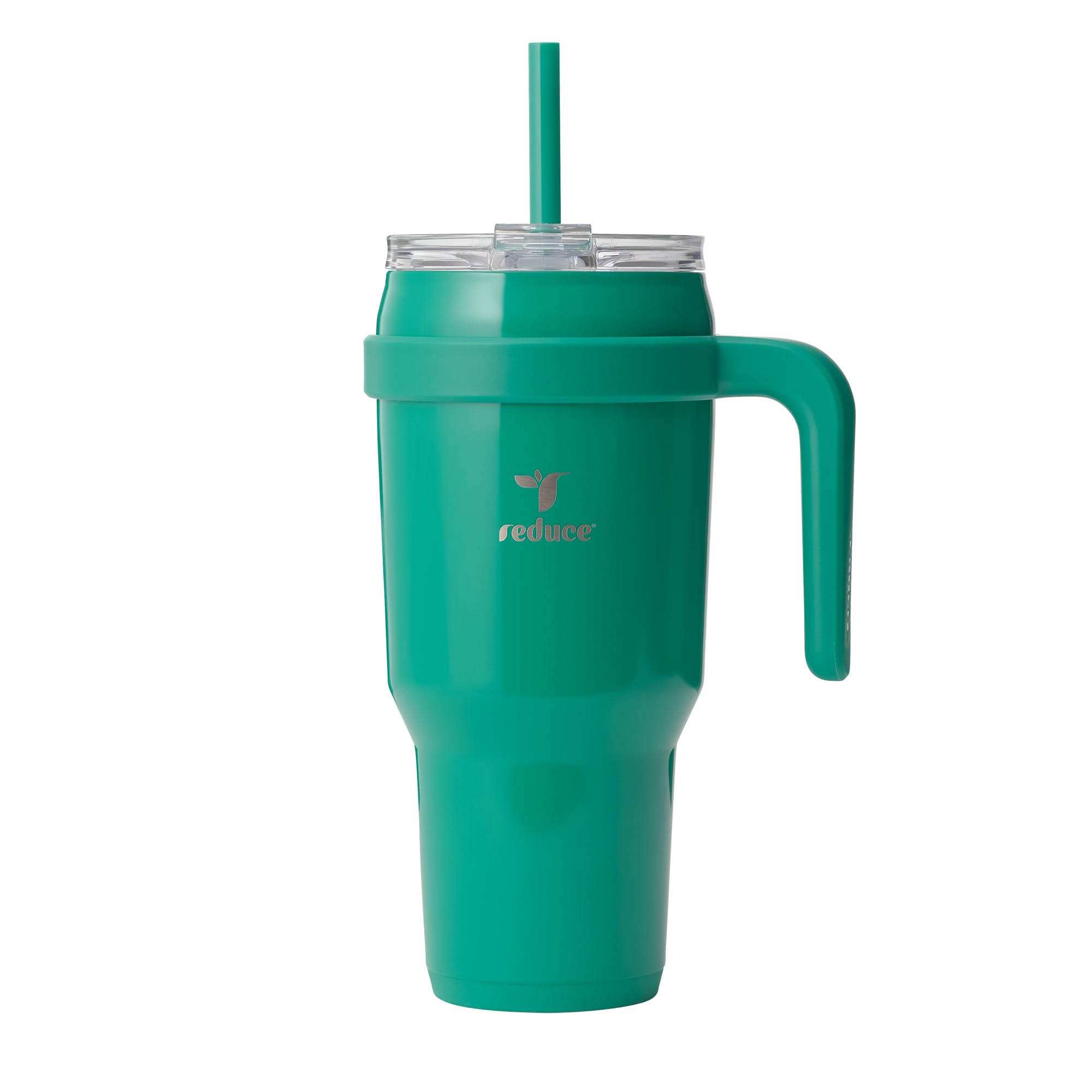 REDUCE tumbler front view showing palm leaf pattern and large capacity benefit