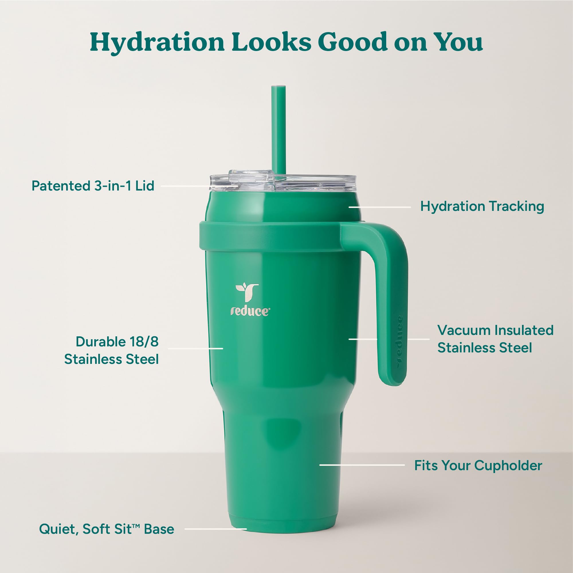 REDUCE tumbler handle detail for comfortable grip and easy carrying benefit