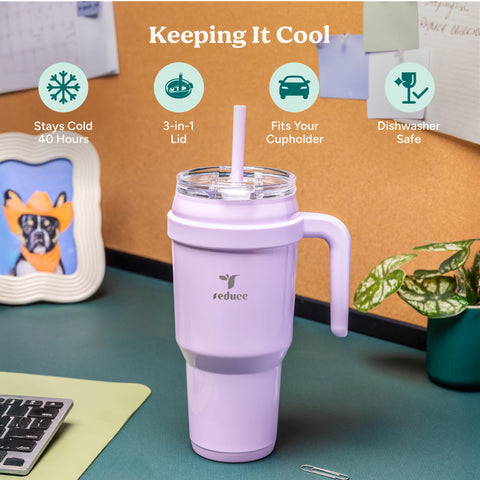 REDUCE tumbler in car cupholder demonstrating secure fit and convenience benefit