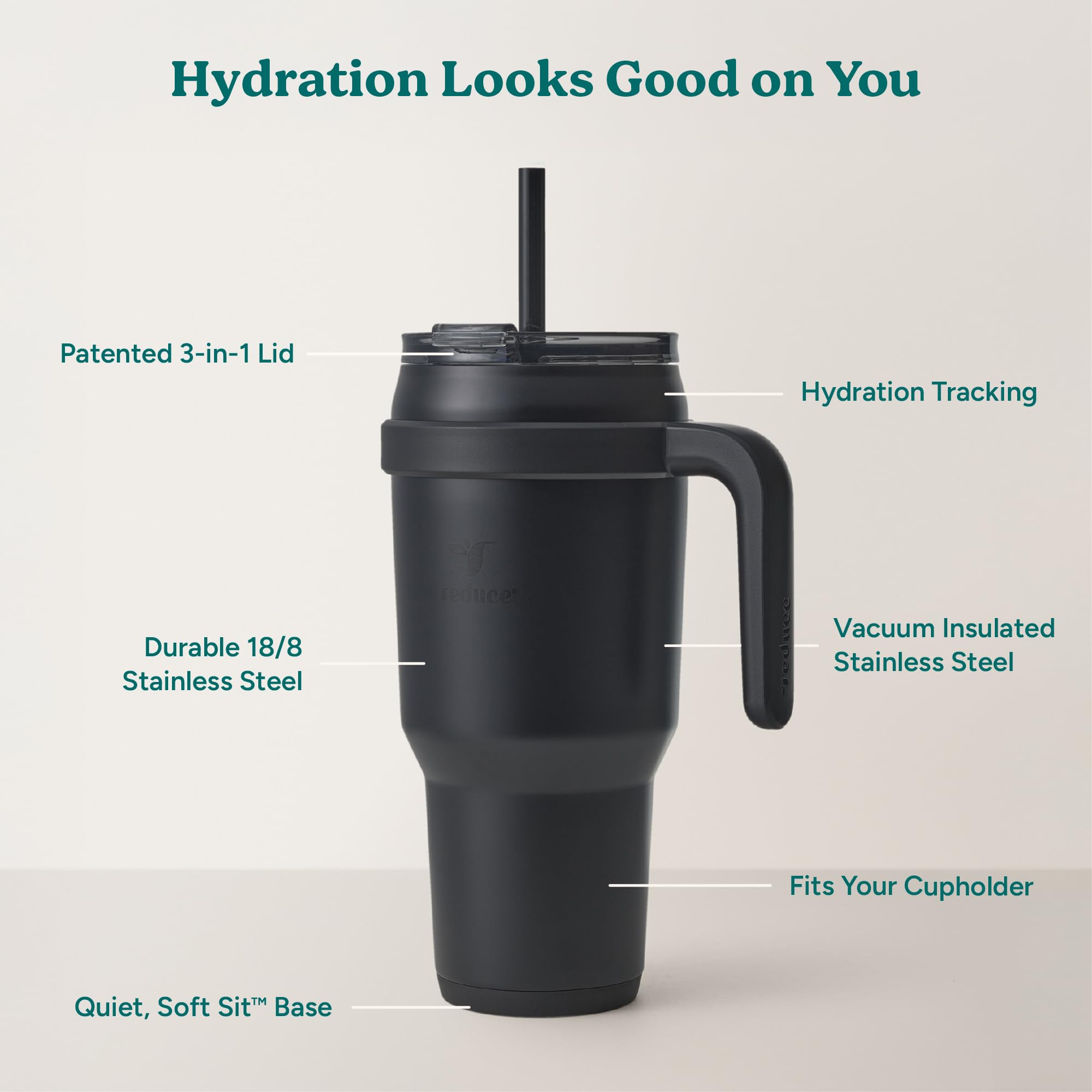 REDUCE reusable straw next to tumbler for eco-friendly convenient drinking