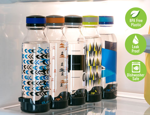 REDUCE bottles sitting upright in fridge tray to keep water chilled and organized