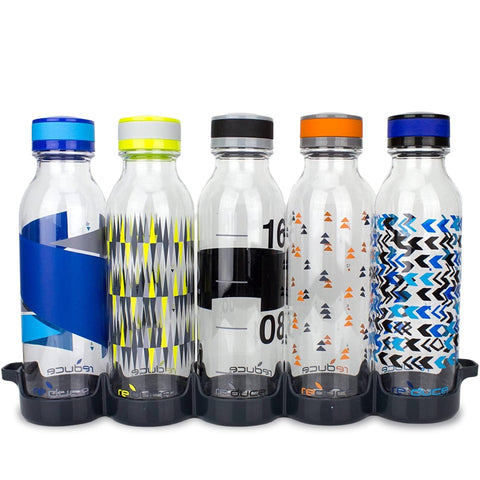 REDUCE front packaging showing five 20oz bottles and tray for easy identification