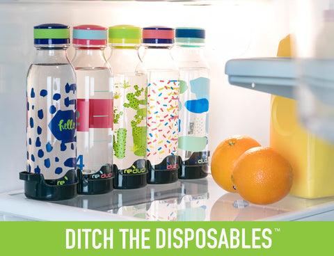 REDUCE bottle placed inside a backpack illustrating commute-ready, no-spill transport