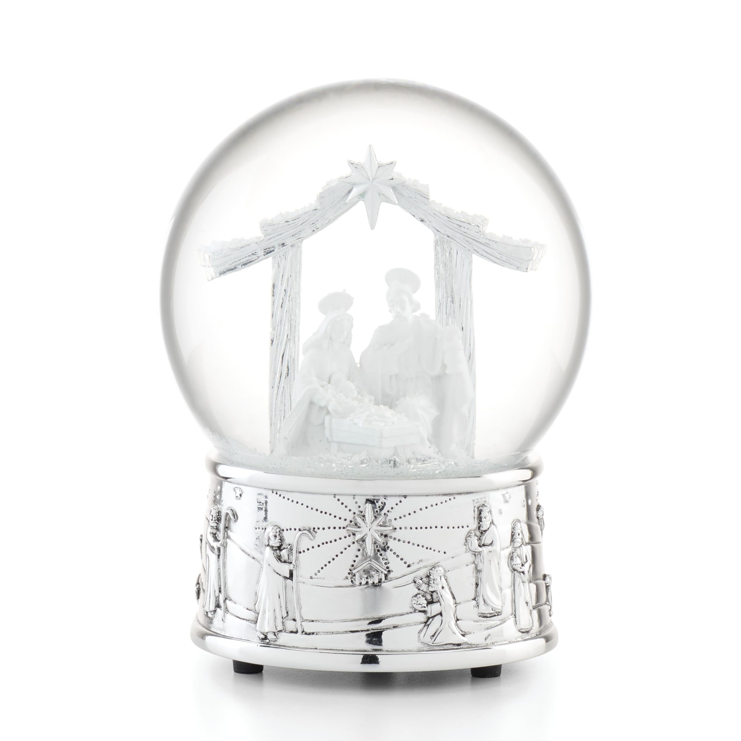 Reed & Barton nativity snow globe front view showing detailed Holy Family scene and elegant finish