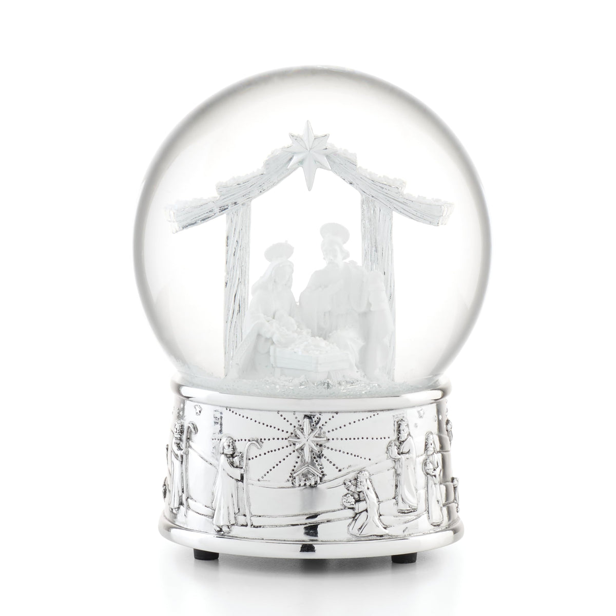 Reed & Barton nativity snow globe front view showing detailed Holy Family scene and elegant finish