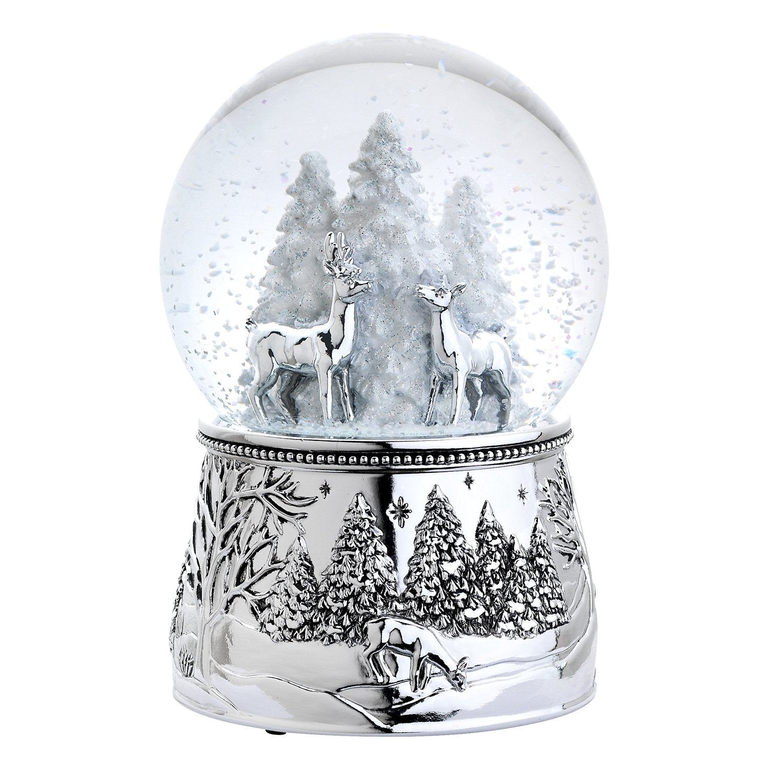 Reed & Barton snowglobe front view showing deer scene and adds refined holiday elegance