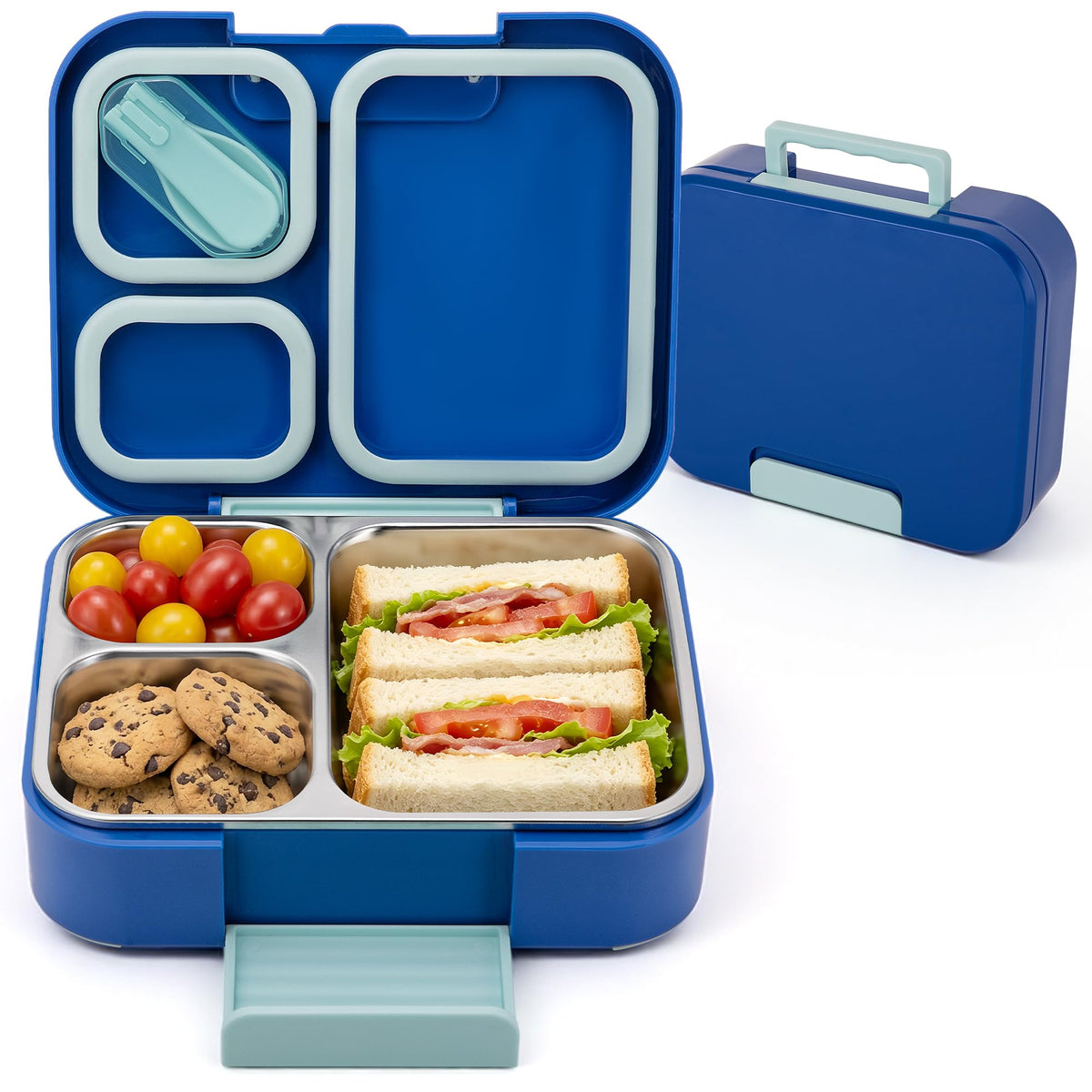 Reeple front view showing durable blue shell and secure handle benefit: easy carry