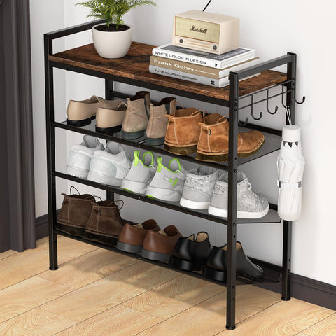 Refrze front view of 4-tier shoe rack showing neat organized shoes and compact storage benefit