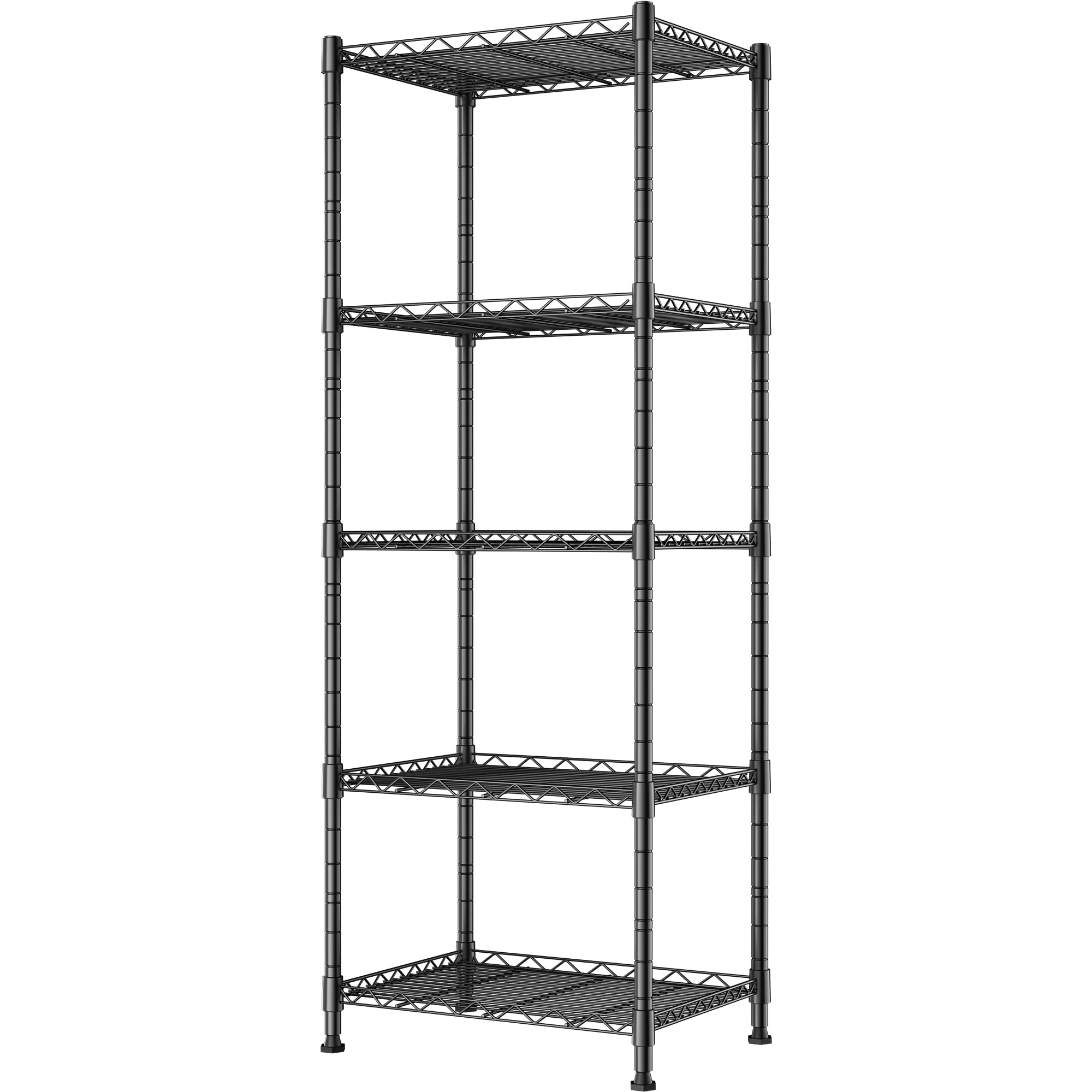 REGILLER front view of black shelving unit showing compact vertical storage benefit
