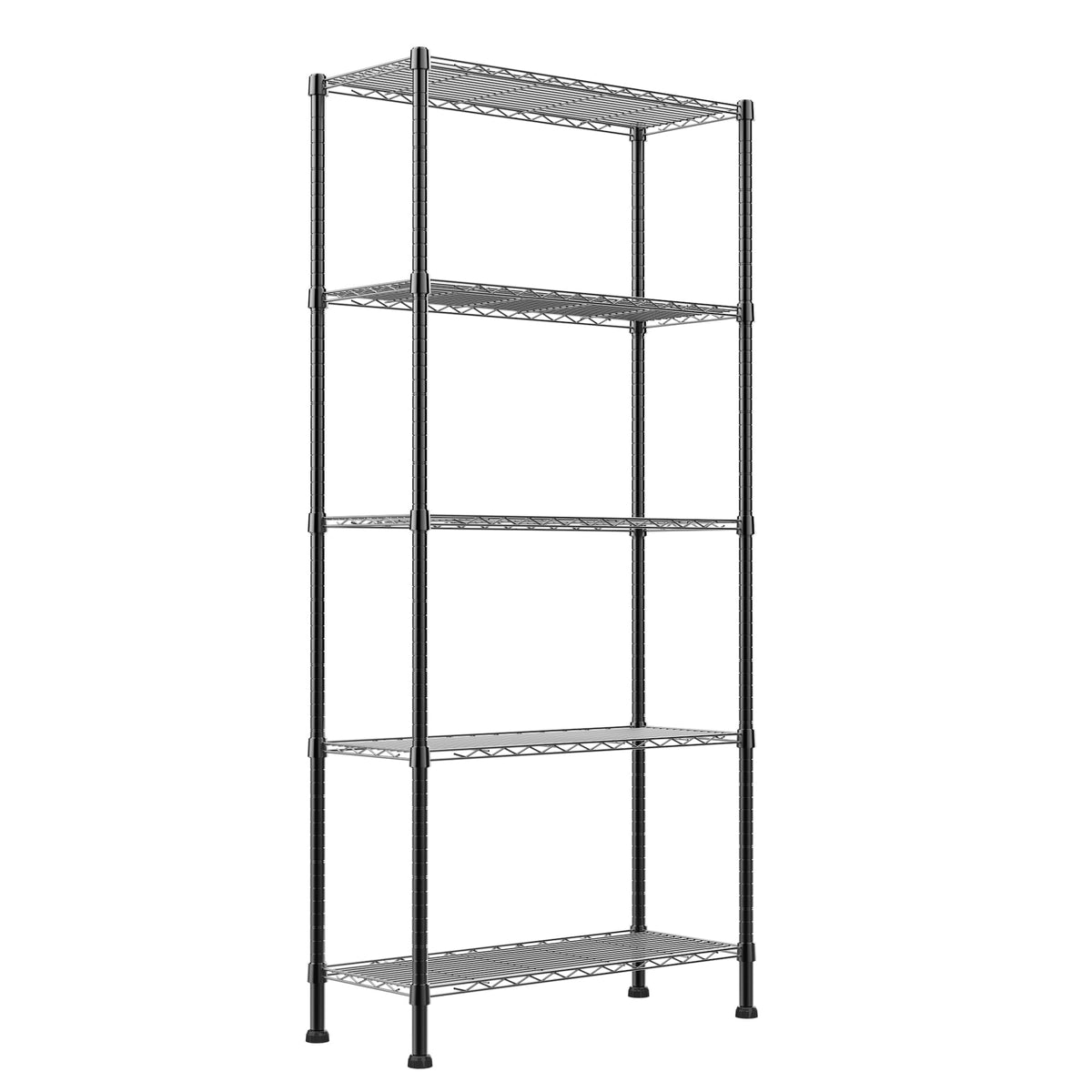REGILLER front view of black 5-wire shelving showing compact tall storage and stability