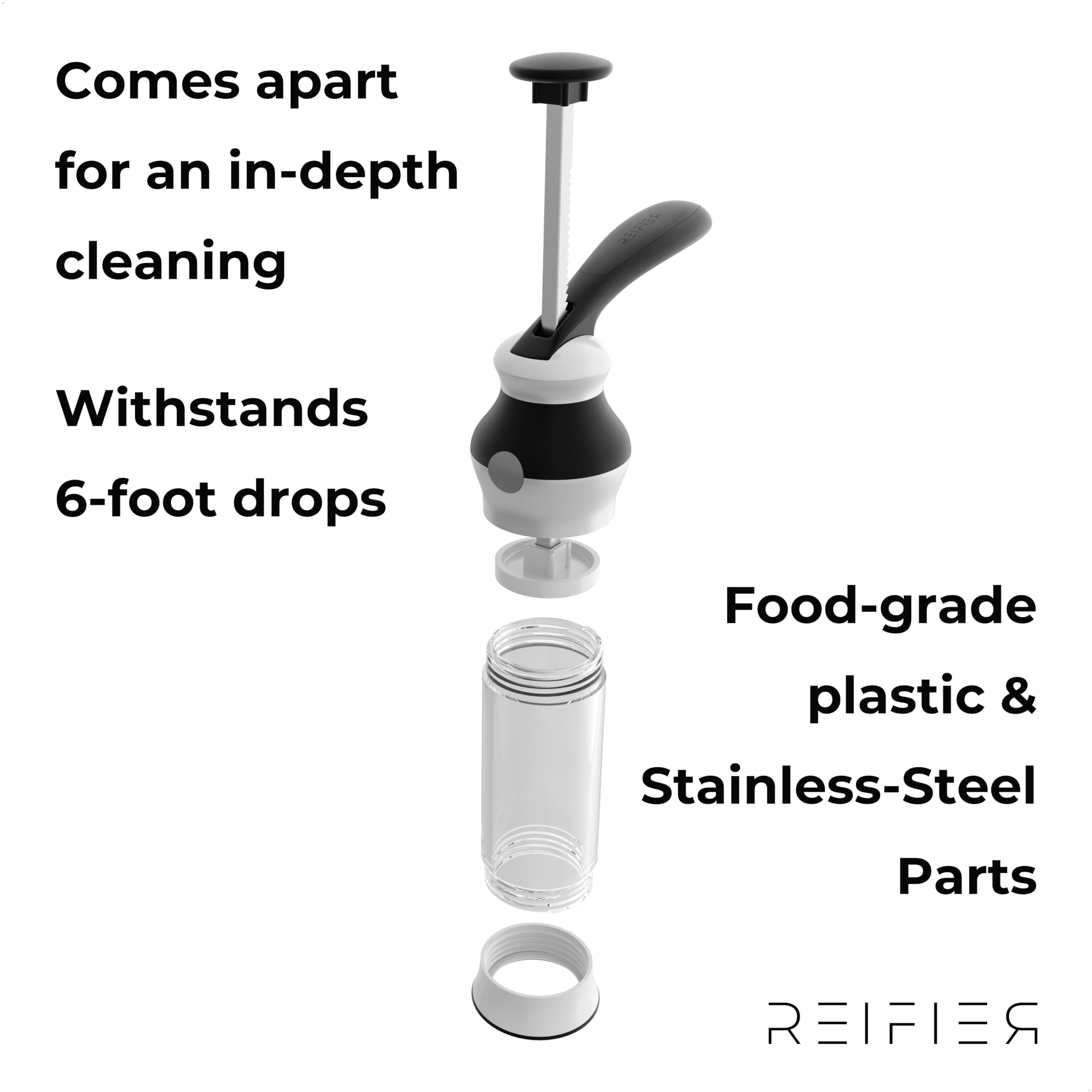 Reifier disassembled parts detail demonstrating easy-to-clean, tool-free assembly for hygiene