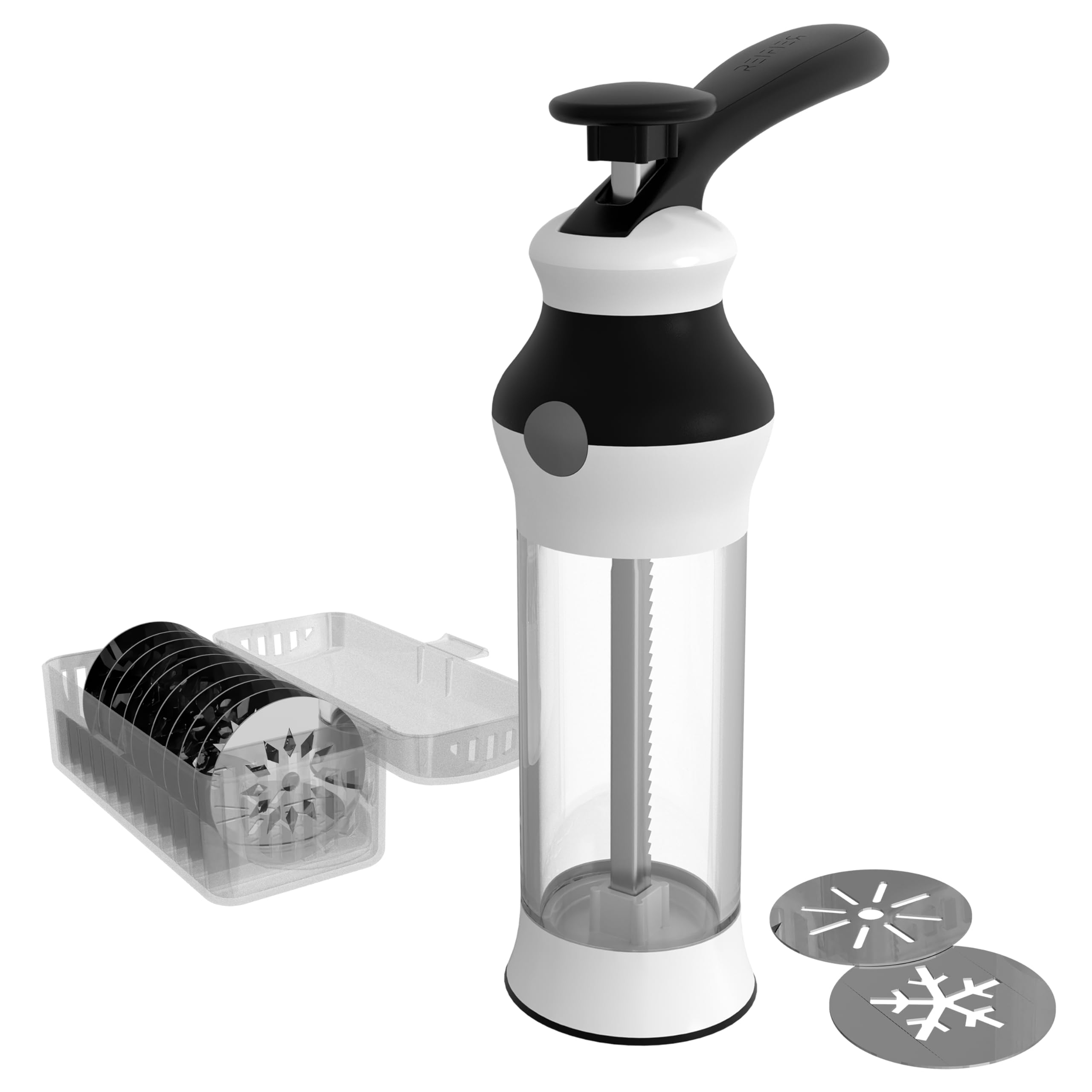Reifier front view cookie press showing durable construction and easy lever for consistent cookies