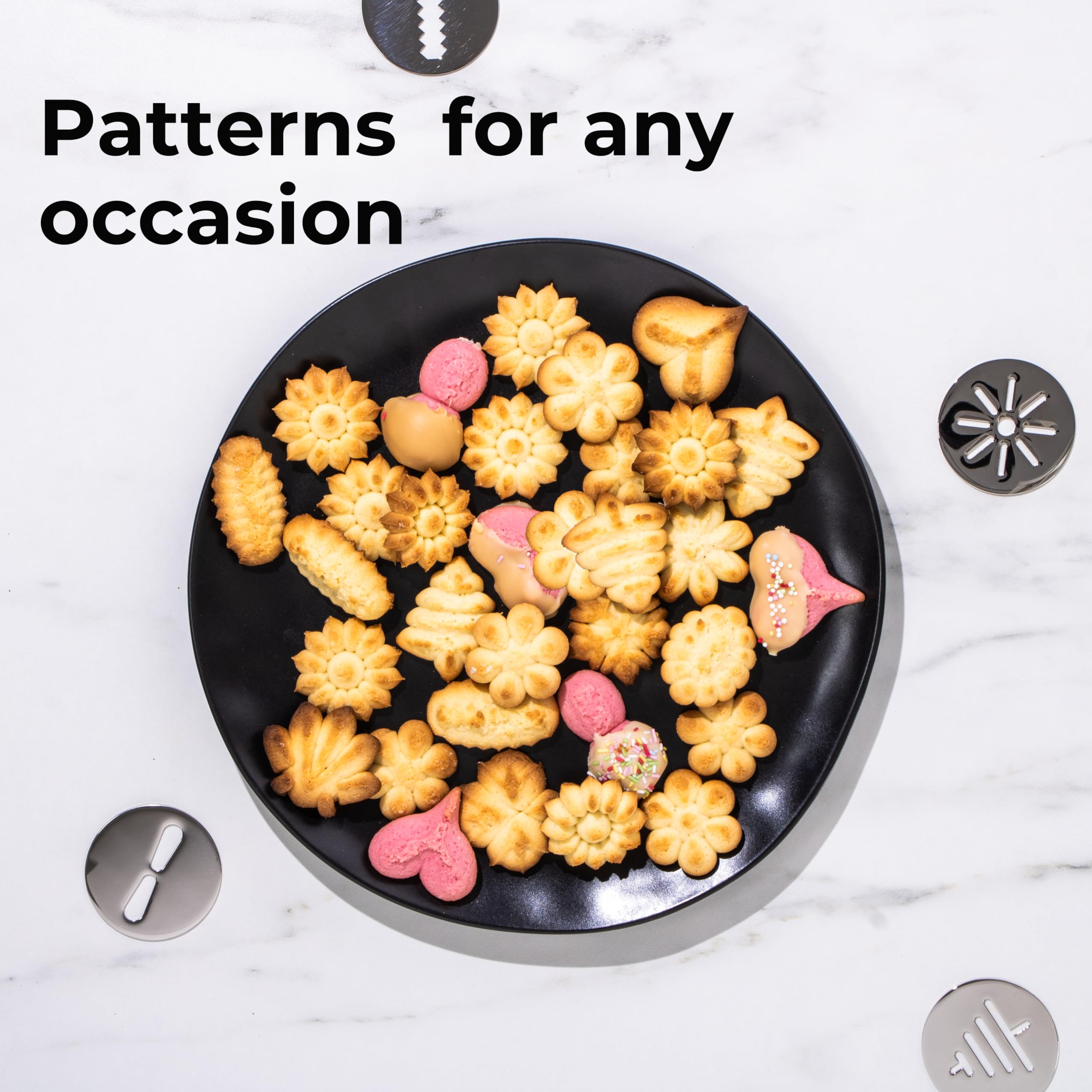 Reifier press in use on countertop producing uniform cookies quickly and reducing wrist strain