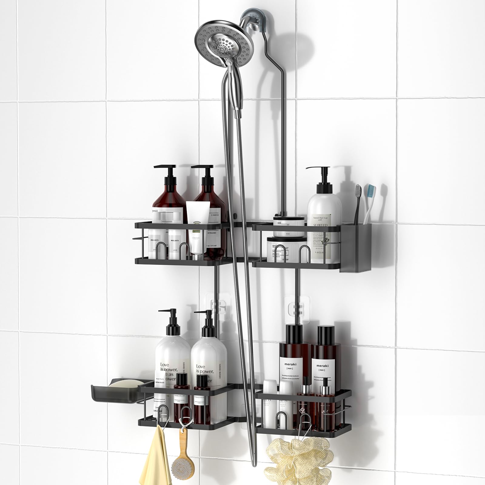 REINHARDT front view of hanging shower caddy showing full organization and easy access benefit