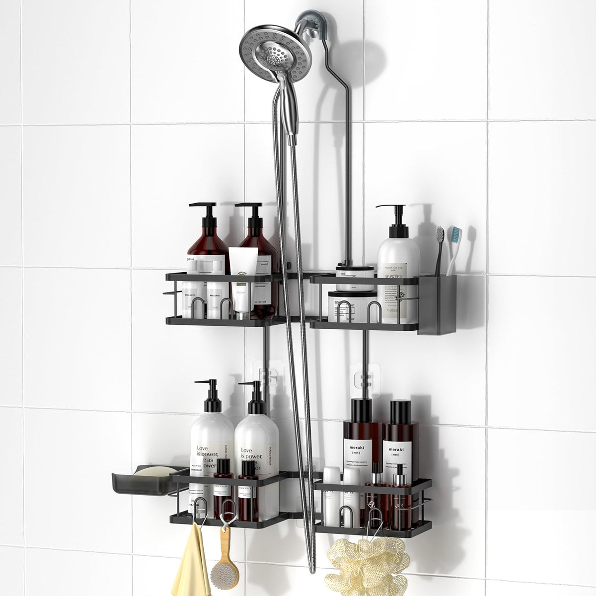 REINHARDT front view of hanging shower caddy showing full organization and easy access benefit