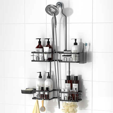 REINHARDT front view of hanging shower caddy showing full organization and easy access benefit