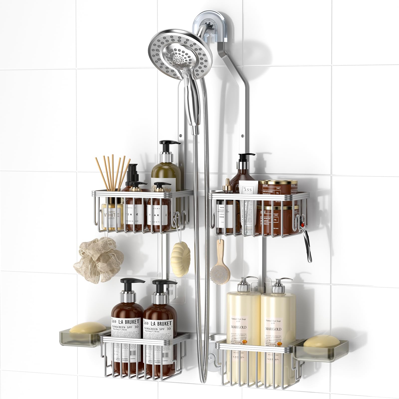 REINHARDT front view of hanging shower caddy showing organized bottles and easy access