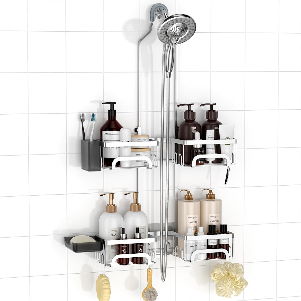 REINHARDT front view showing hanging caddy organizing shower essentials