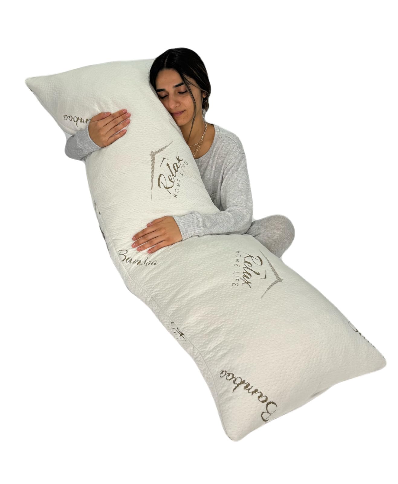 Relax HOME LIFE front packaging showing rolled body pillow and brand, highlighting eco-friendly shipping
