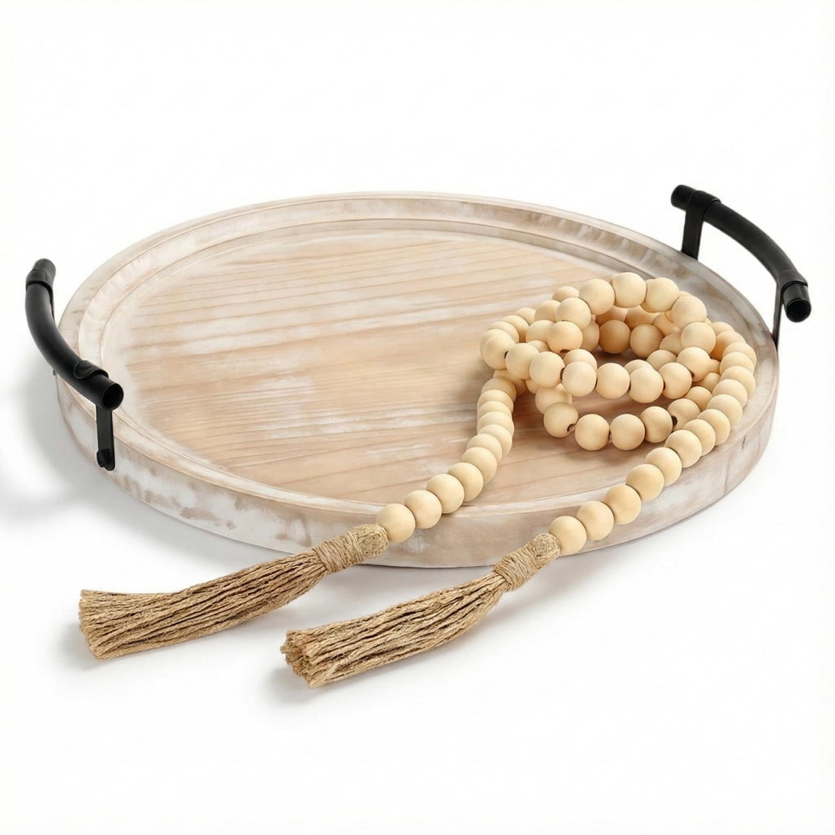 Relaxing Garden tray front view showing whitewashed finish and handles, enhances table styling