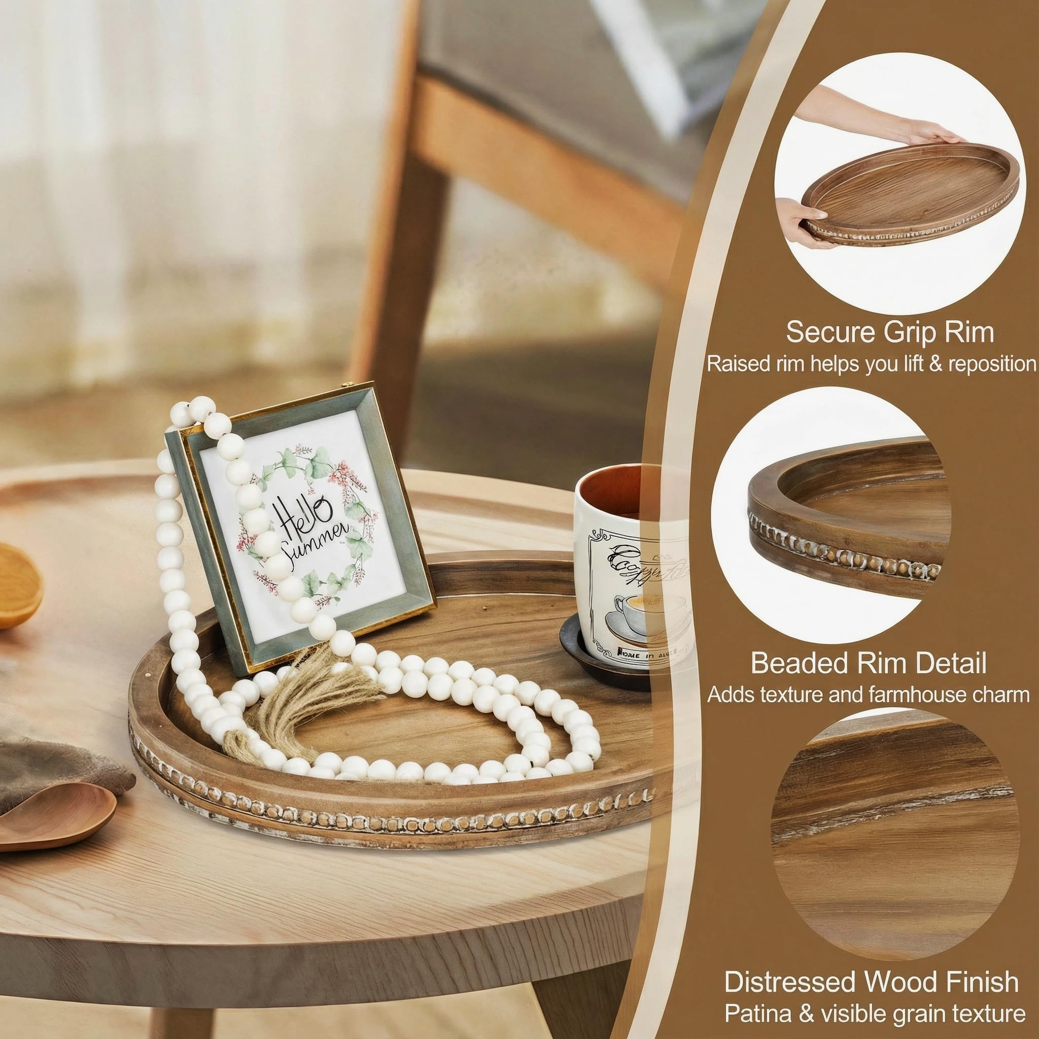 Relaxing Garden wood bead garland detail adding texture and layering to decor