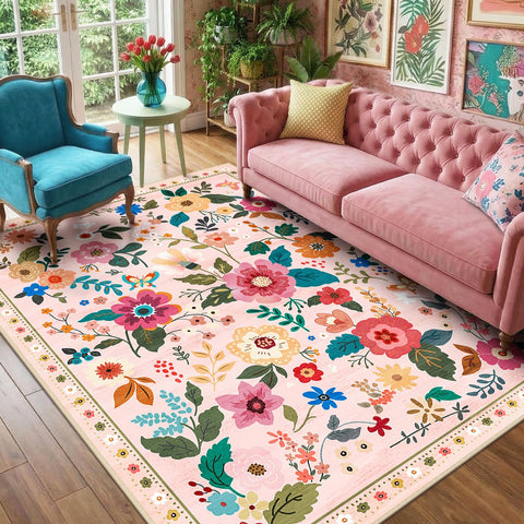 RELEANY floral rug front view showing pink pattern and cozy vibe