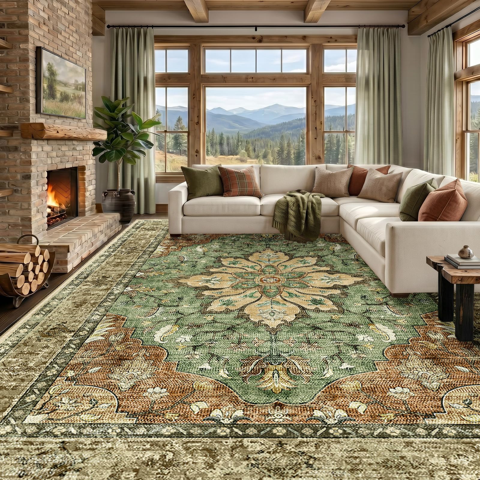 RELEANY front view of full 9x12 rug showing vintage sunflower design and warm tones