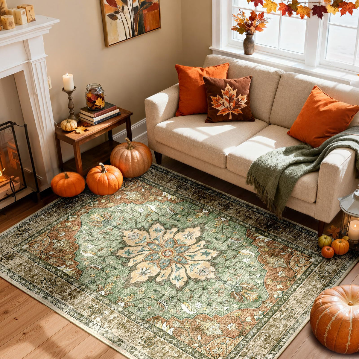 RELEANY front view of 4x6 rug showing vintage sunflower pattern and color