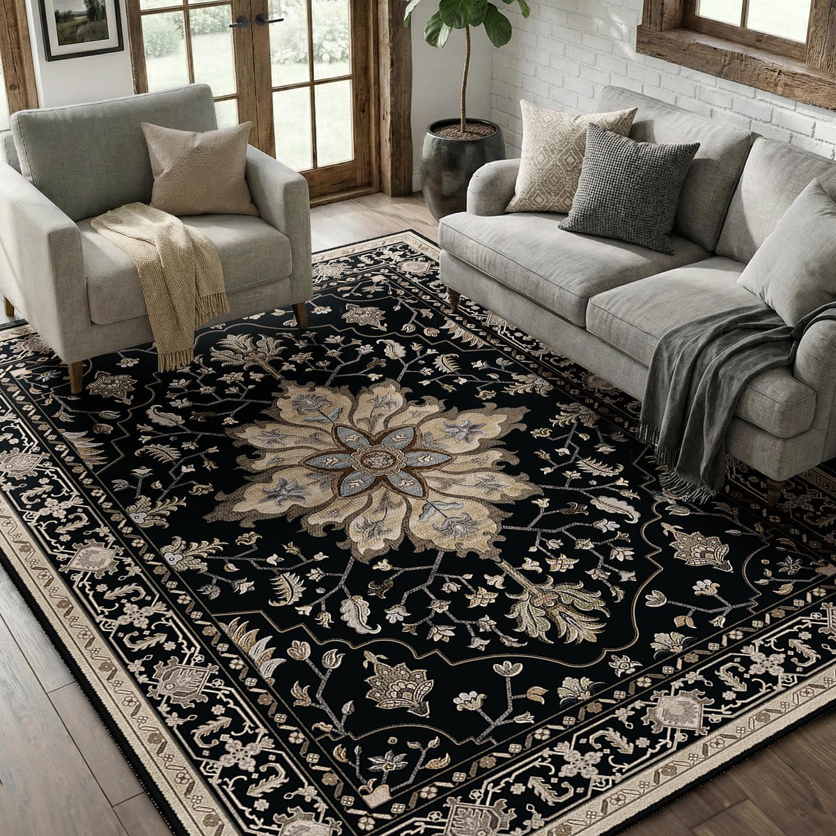 RELEANY front view showing 5'x7' black neutral rug and vintage design benefit