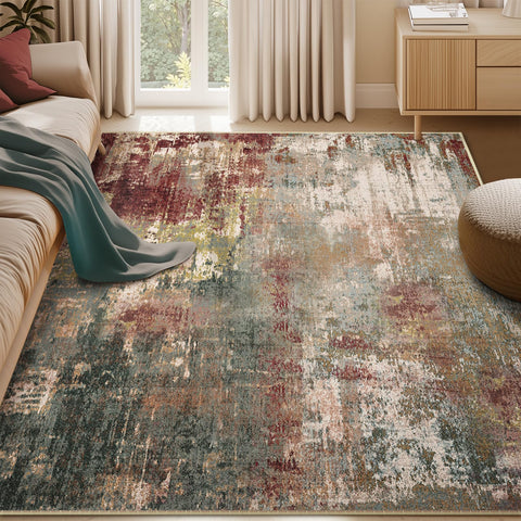 RELEANY front view of 5x7 abstract rug showing warm rustic brown and pattern benefits