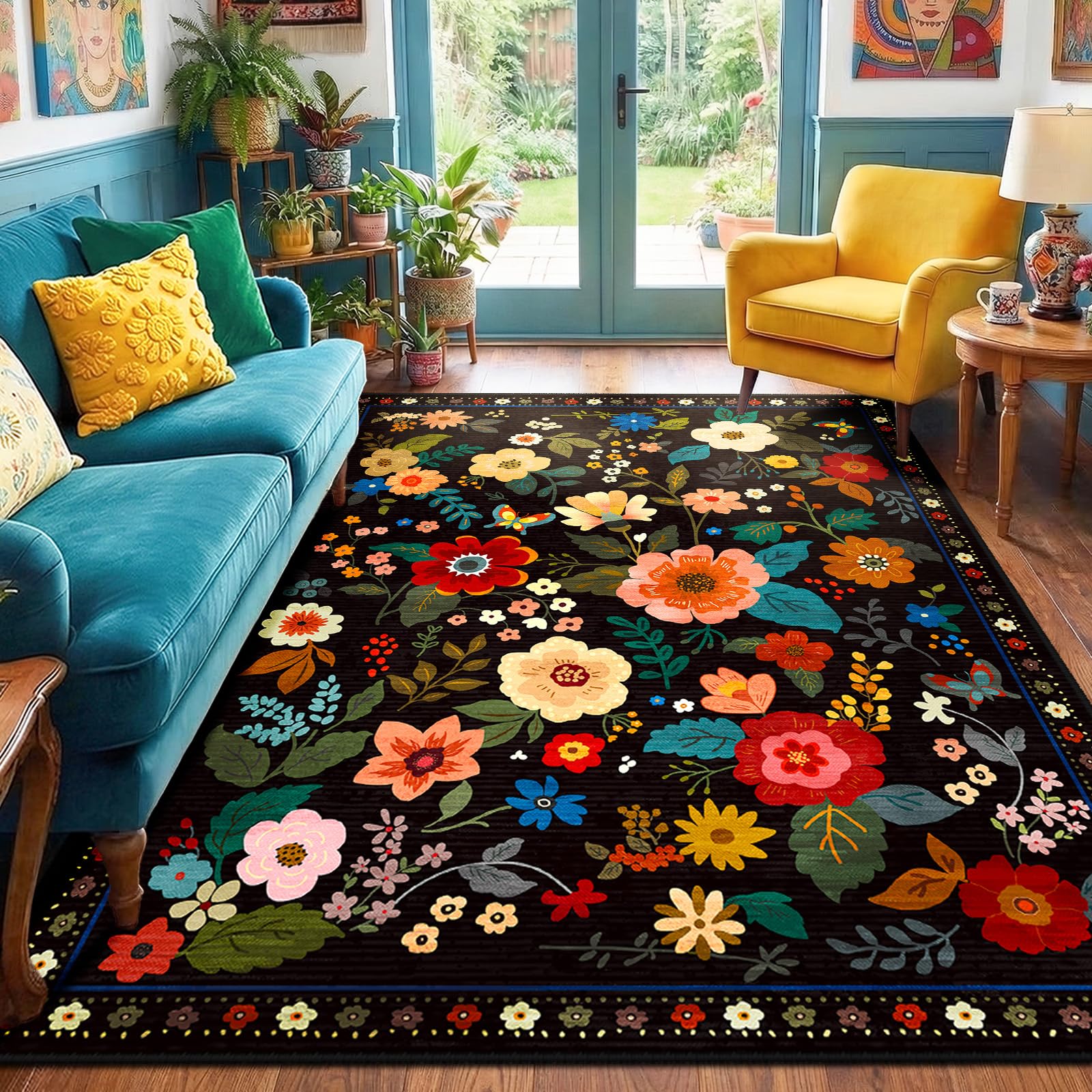 RELEANY front view of black floral 5x7 rug shows bold pattern and style