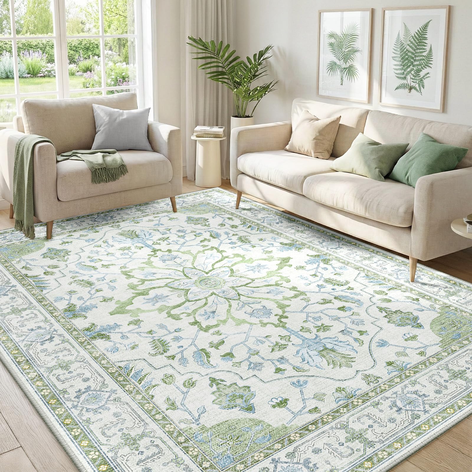 RELEANY front view showing green white blue sunflower medallion and vintage appeal