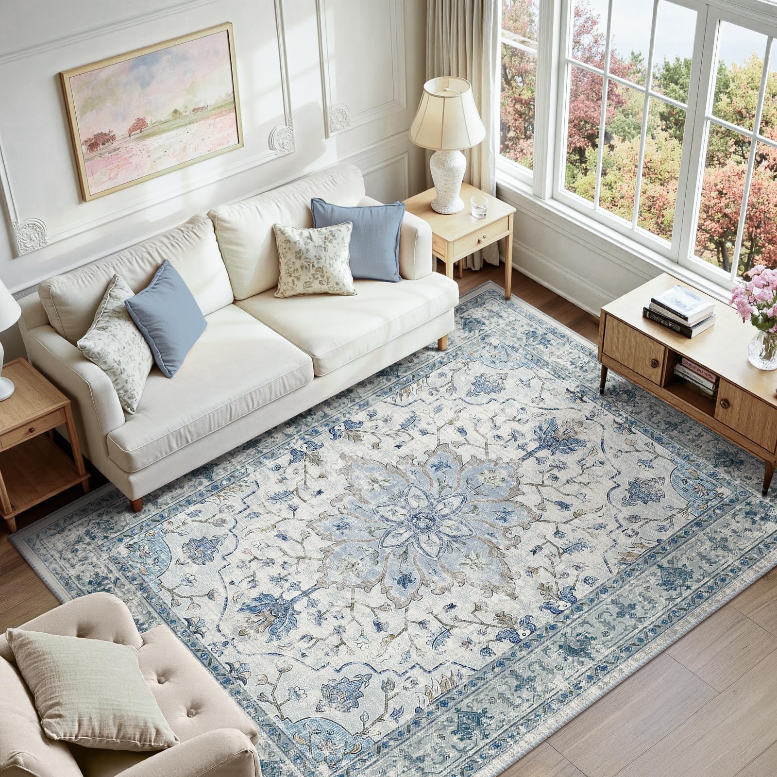RELEANY rug styled in a living room showing durable design and cohesive decor impact