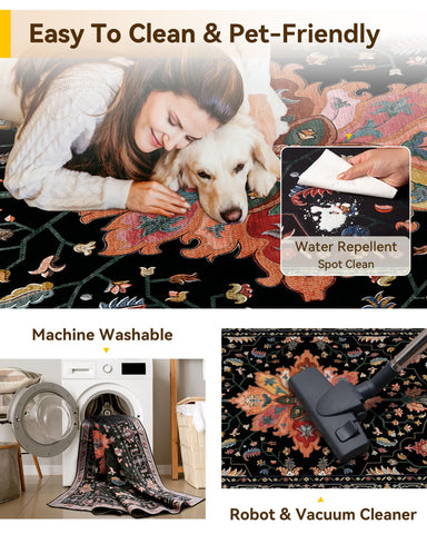 RELEANY pet on rug demonstrating pet-friendly low pile and quick cleanup benefit