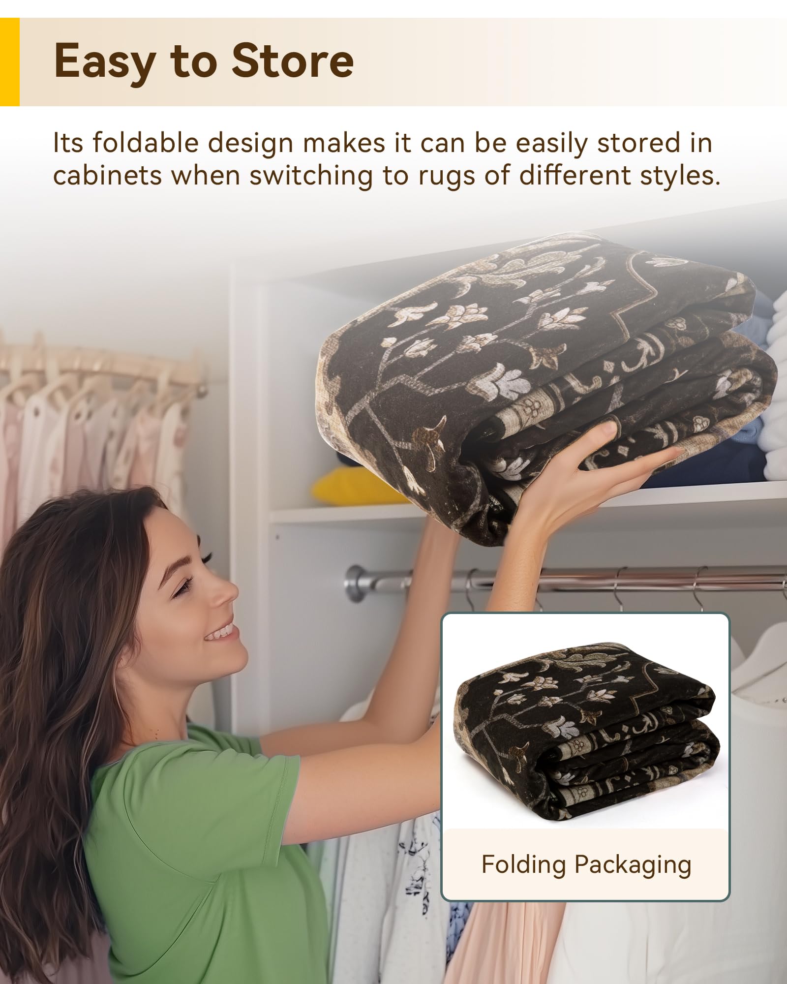 RELEANY rug rolled compactly to show foldable storage and transport benefit