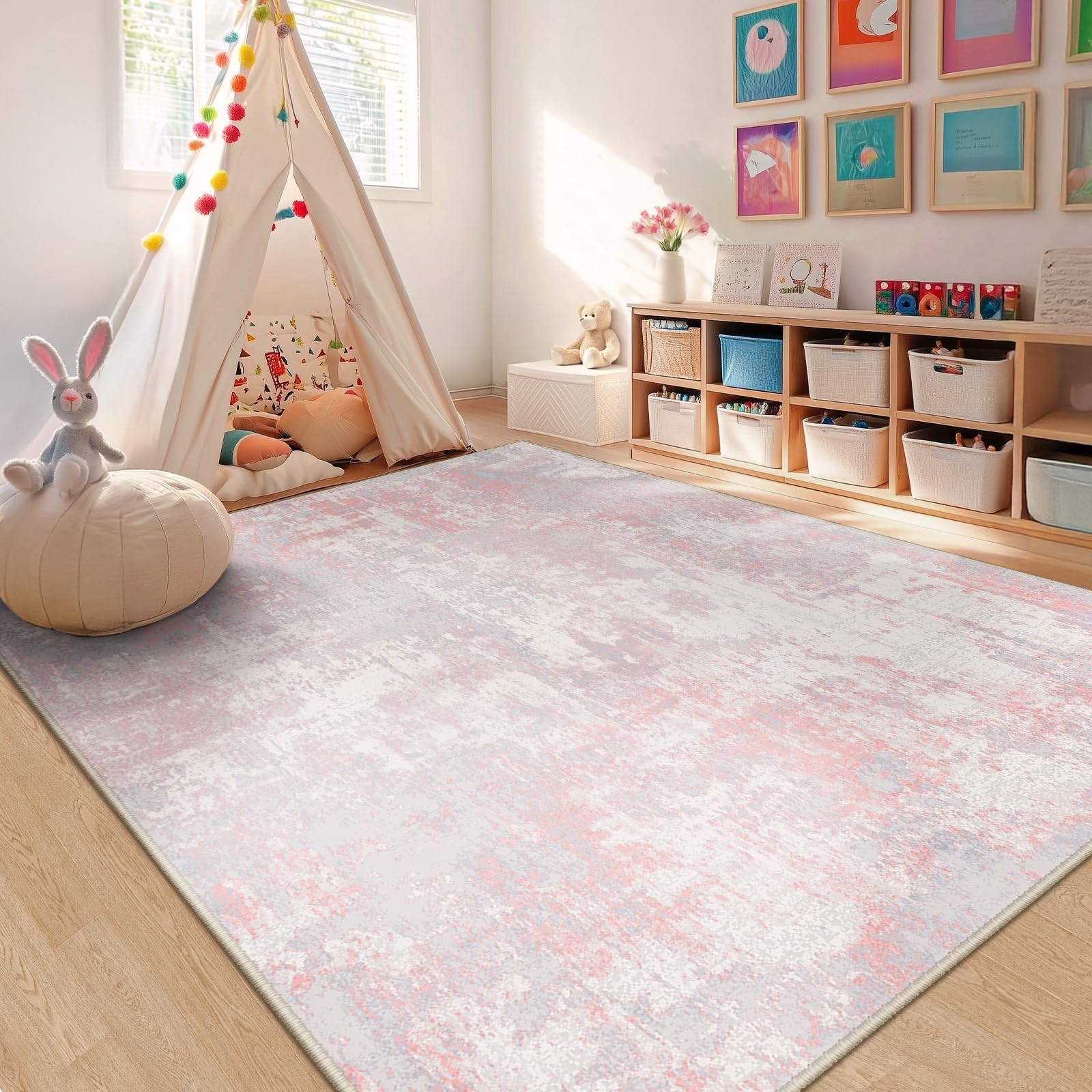 RELEANY rug beside sofa illustrating 6x9 size and furniture compatibility